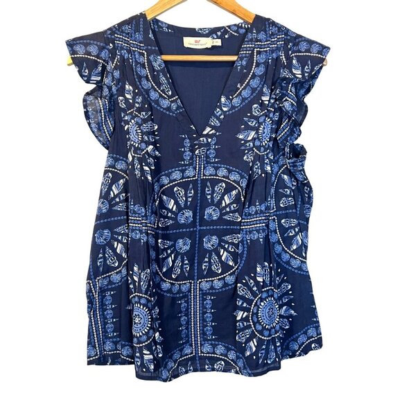 Vineyard Vines Navy Seashell Floral Print Sleeveless Top XS Coastal Nautical - Picture 1 of 4